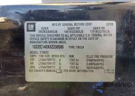 2008 Chevrolet Silverado 1500 Work Truck from USA, damaged, VIN 1GCEC140X8Z238586